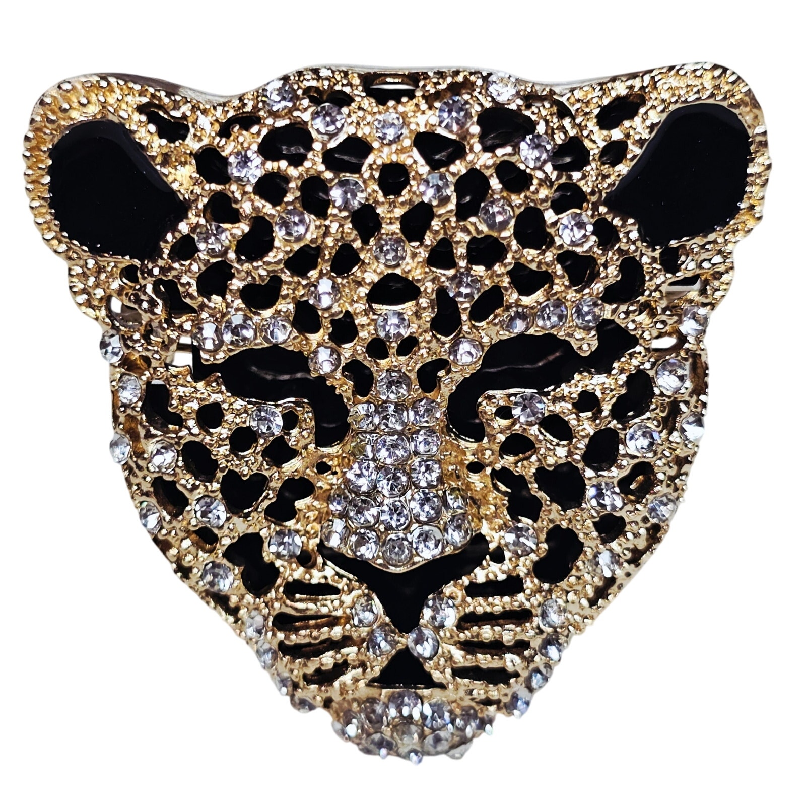 Crystal Tiger Head New! Gold/Black Rhinestones Brouch. Bling. Mob Wife.